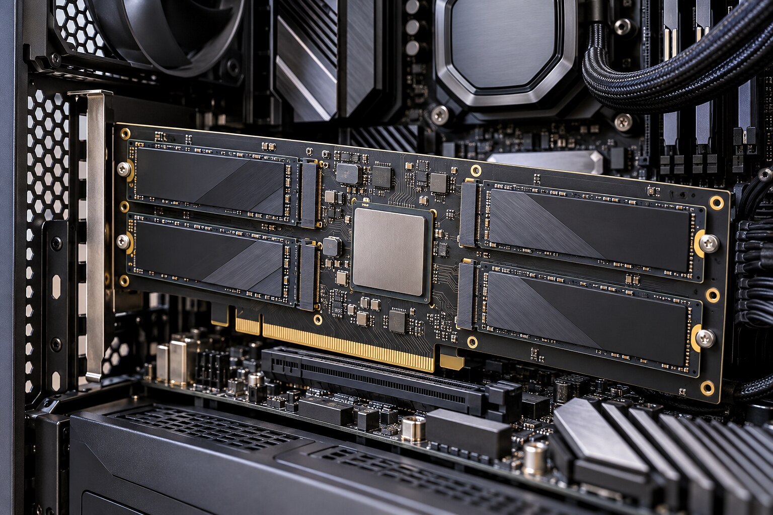 Плата расширения PCIe с четырьмя установленными NVMe-накопителями M.2 внутри компьютера