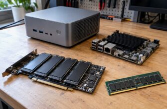 Компактный компьютер, одноплатная плата, четыре NVMe SSD и серверная память на инженерном столе