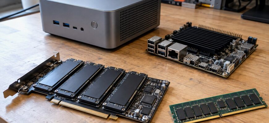Компактный компьютер, одноплатная плата, четыре NVMe SSD и серверная память на инженерном столе