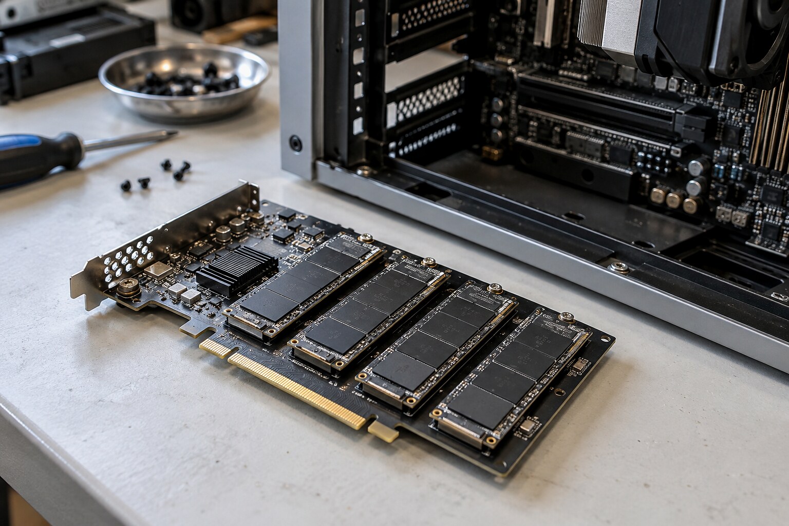Плата расширения PCIe с четырьмя установленными накопителями M.2 NVMe