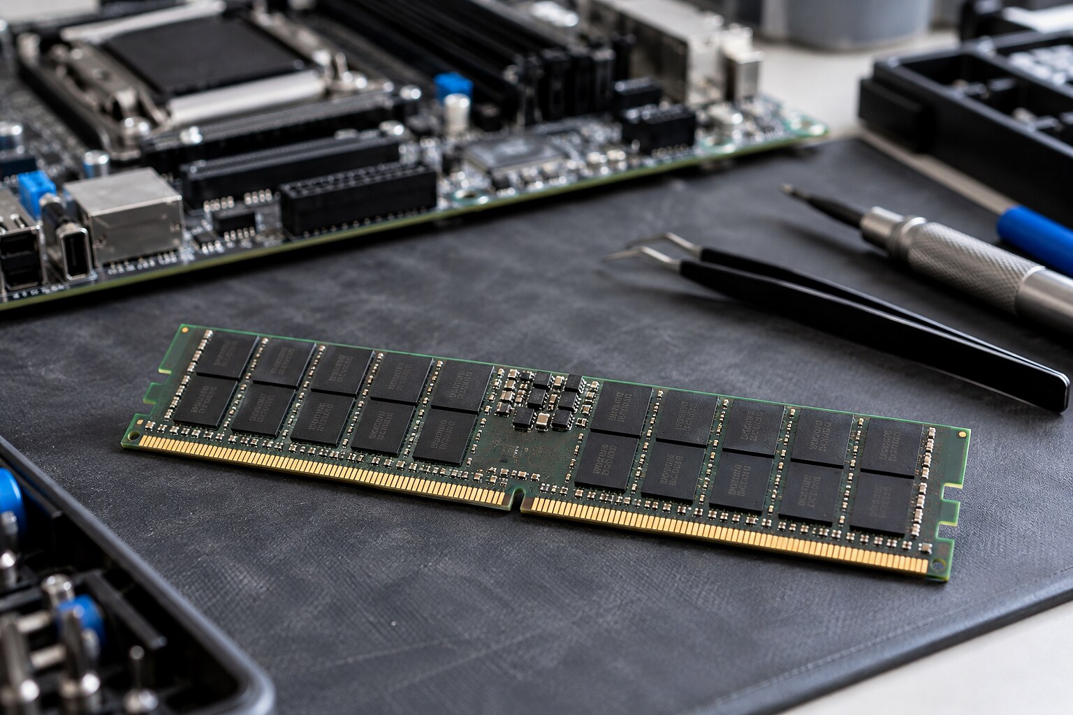 Серверный модуль памяти DDR5 RDIMM на столе для электронной диагностики