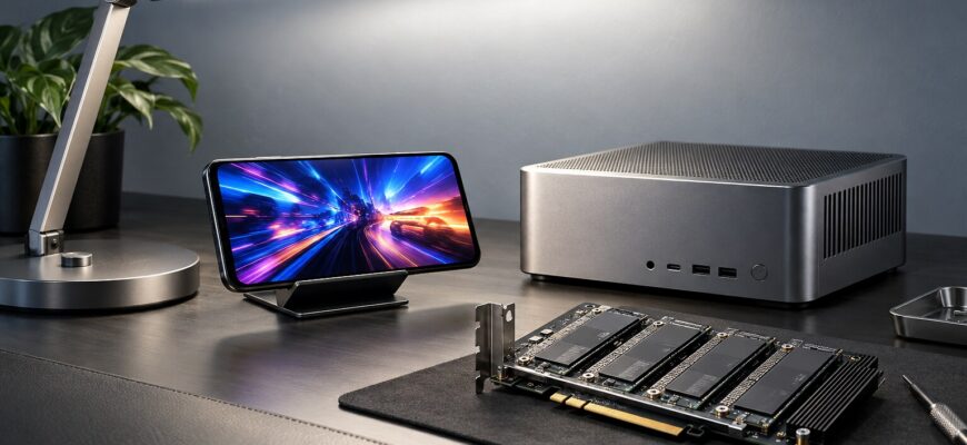 Настольная LED-лампа, игровой смартфон, компактный компьютер и плата для четырёх NVMe SSD на рабочем столе