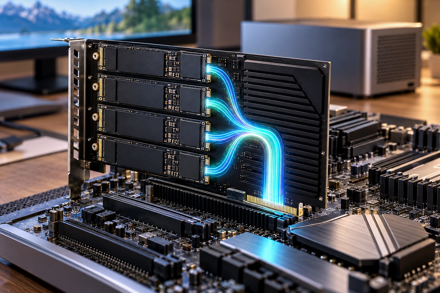 Плата расширения с четырьмя накопителями NVMe M.2, использующими общий интерфейс PCIe для подключения к компьютеру