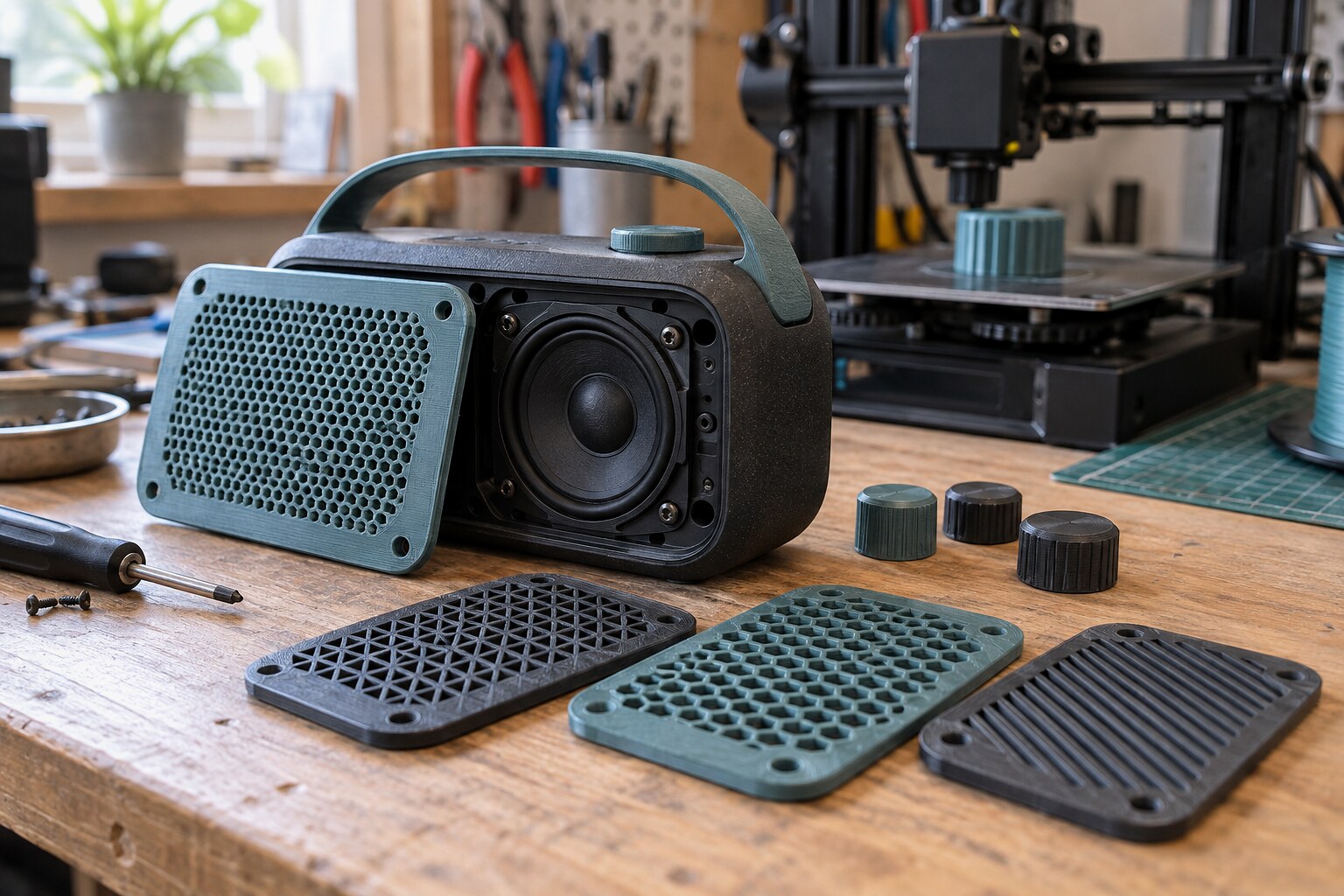 Портативная колонка со съёмной панелью и напечатанными на 3D-принтере регуляторами