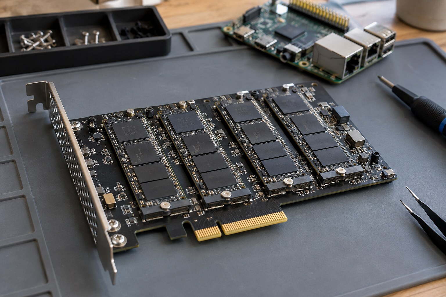 Плата расширения с четырьмя накопителями M.2 и одним разъёмом PCIe