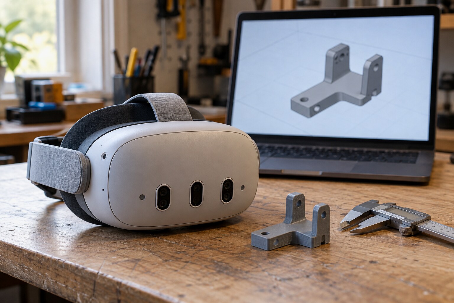 VR-гарнитура рядом с 3D-печатным прототипом крепления и цифровой CAD-моделью