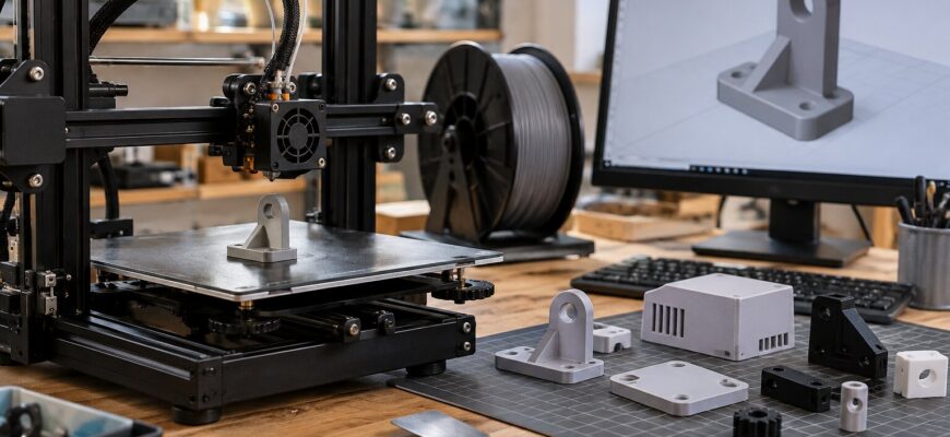 Рабочее место с 3D-принтером, катушкой филамента, CAD-моделью и напечатанными деталями