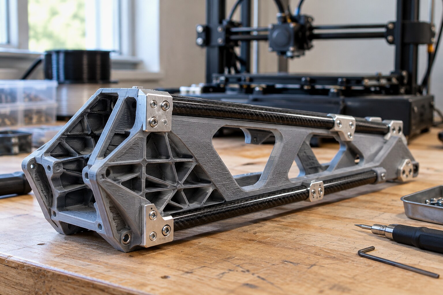 3D-печатная пластиковая конструкция с карбоновыми стержнями и алюминиевыми усилителями