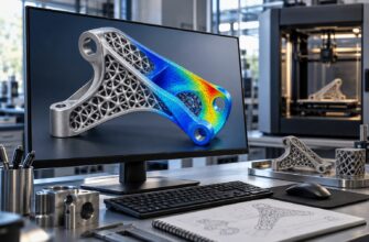 Инженерная 3D-модель детали с решётчатым заполнением и цветовой картой напряжений на экране компьютера рядом с 3D-принтером
