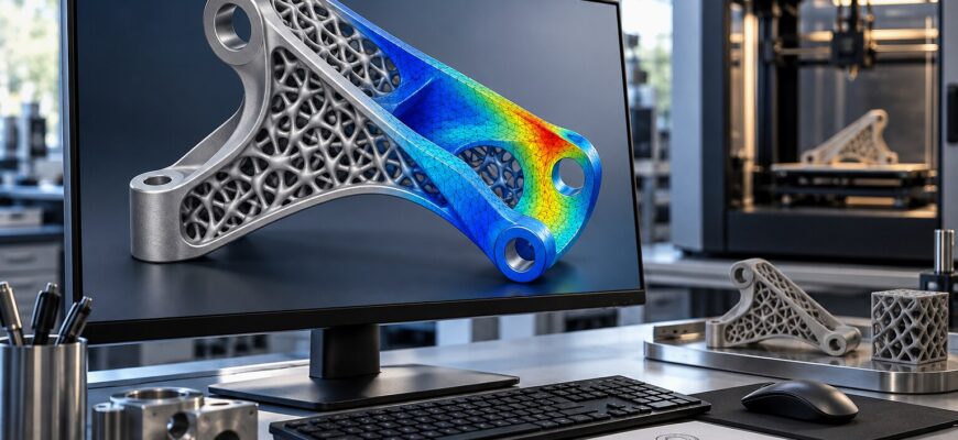 Инженерная 3D-модель детали с решётчатым заполнением и цветовой картой напряжений на экране компьютера рядом с 3D-принтером
