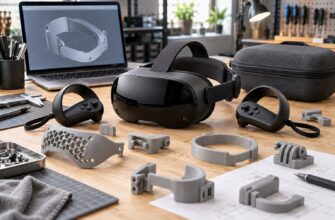 Гарнитура виртуальной реальности с контроллерами и прототипами 3D-печатных аксессуаров на инженерном столе