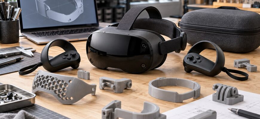 Гарнитура виртуальной реальности с контроллерами и прототипами 3D-печатных аксессуаров на инженерном столе